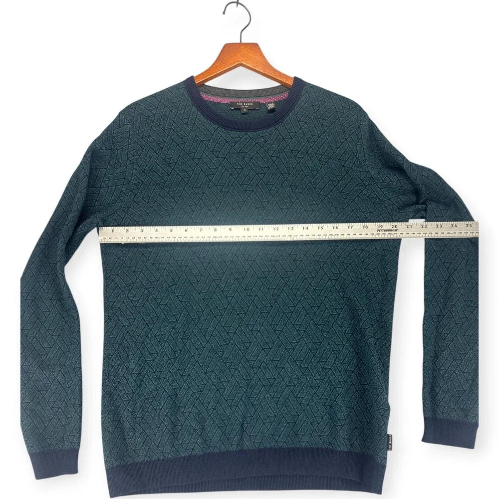 Ted Baker Mens L Sweater Cashmere Geometric Teal Navy Crewneck Academia Preppy